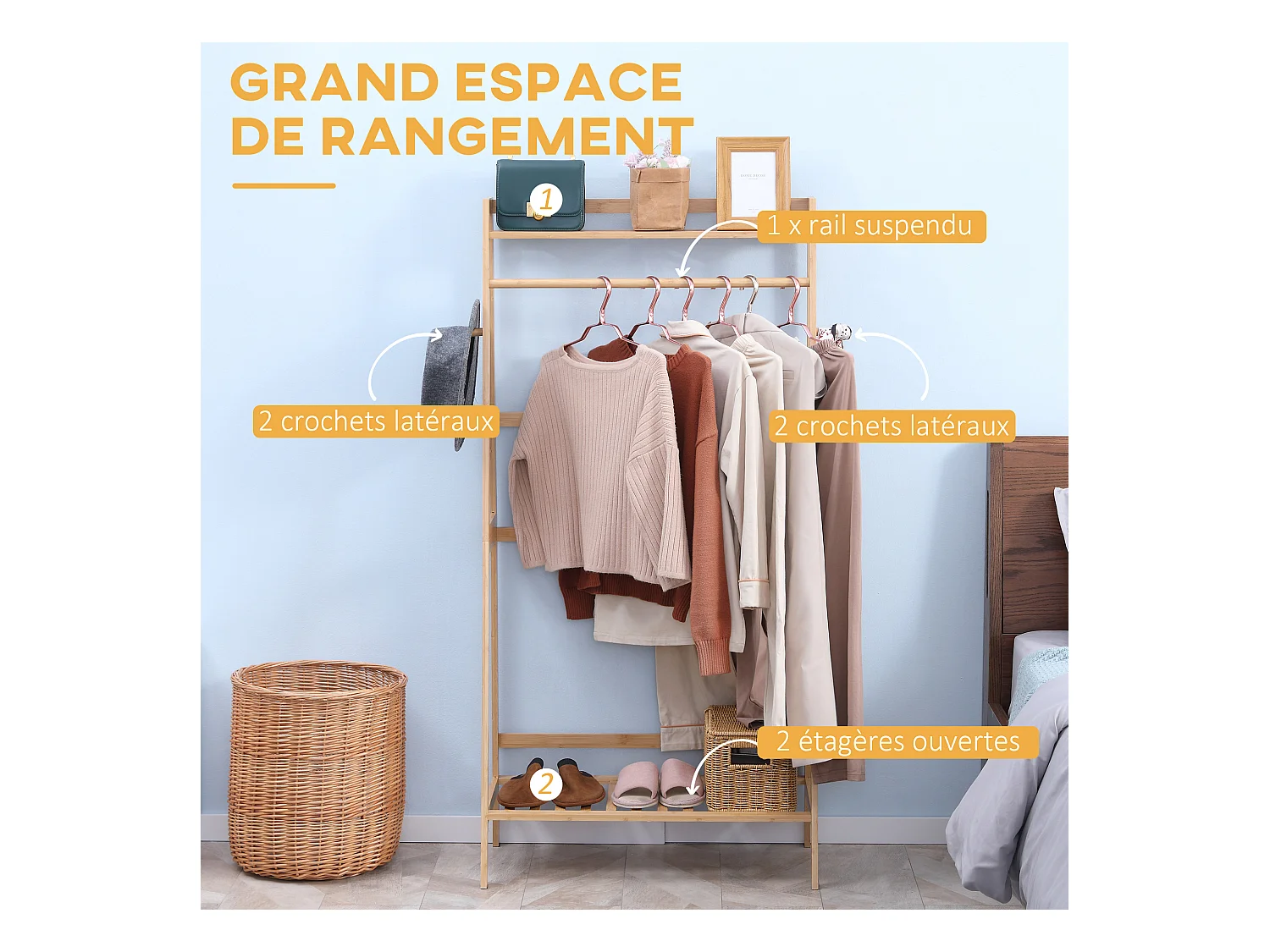 Penderie porte-manteaux - 2 étagères, espace penderie, 2 patères - dim. 82L x 36l x 140H cm - bois bambou