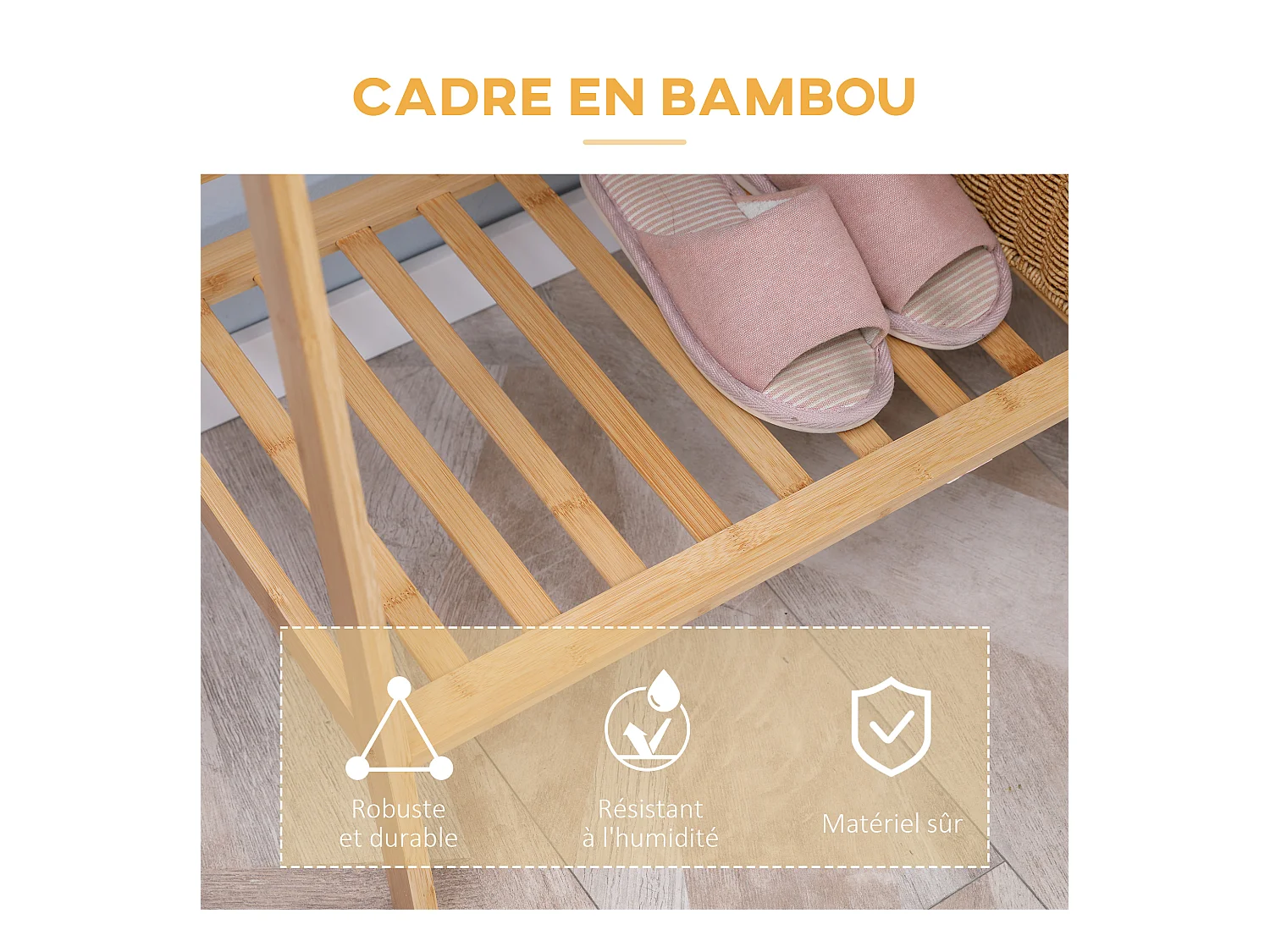 Penderie porte-manteaux - 2 étagères, espace penderie, 2 patères - dim. 82L x 36l x 140H cm - bois bambou