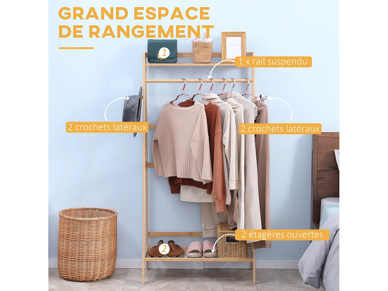 Penderie porte-manteaux - 2 étagères, espace penderie, 2 patères - dim. 82L x 36l x 140H cm - bois bambou