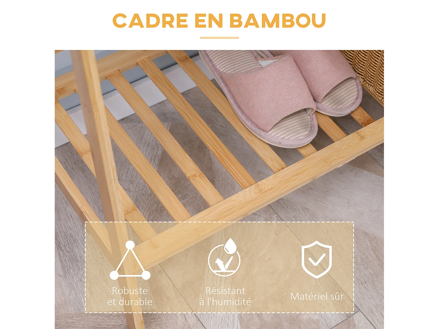 Penderie porte-manteaux - 2 étagères, espace penderie, 2 patères - dim. 82L x 36l x 140H cm - bois bambou