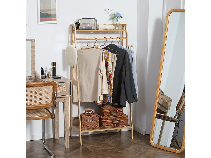 Penderie porte-manteaux - 2 étagères, espace penderie, 2 patères - dim. 82L x 36l x 140H cm - bois bambou