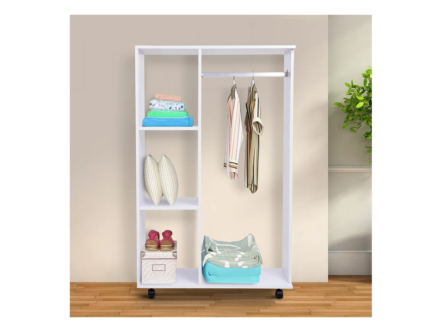 Portant à vêtements penderie mobile avec roulettes 3 étagères latérales + grand espace penderie panneaux particules blanc