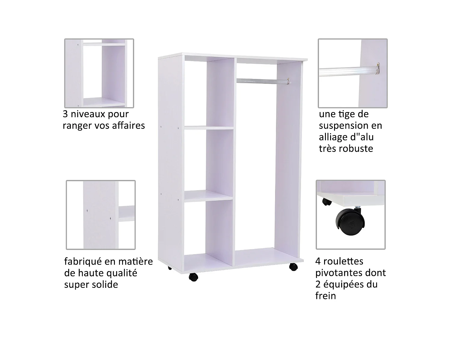 Portant à vêtements penderie mobile avec roulettes 3 étagères latérales + grand espace penderie panneaux particules blanc