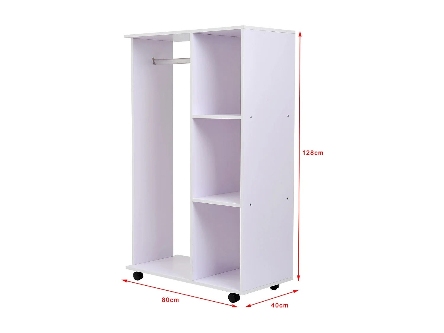Portant à vêtements penderie mobile avec roulettes 3 étagères latérales + grand espace penderie panneaux particules blanc