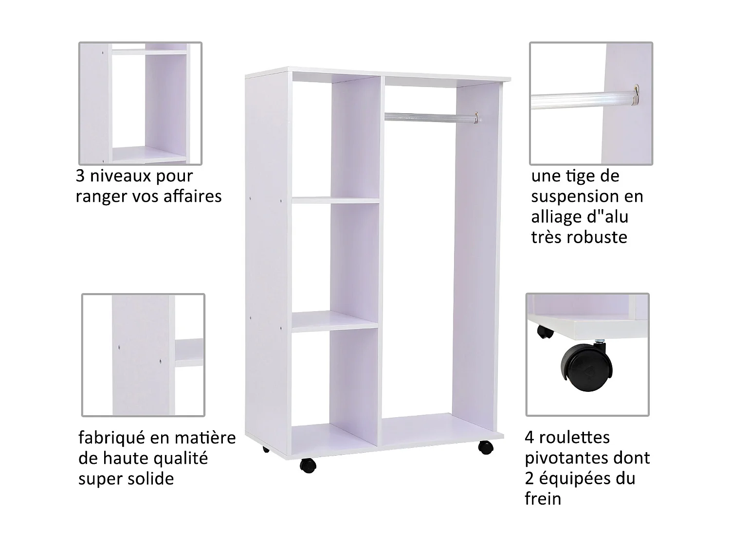 Portant à vêtements penderie mobile avec roulettes 3 étagères latérales + grand espace penderie panneaux particules blanc