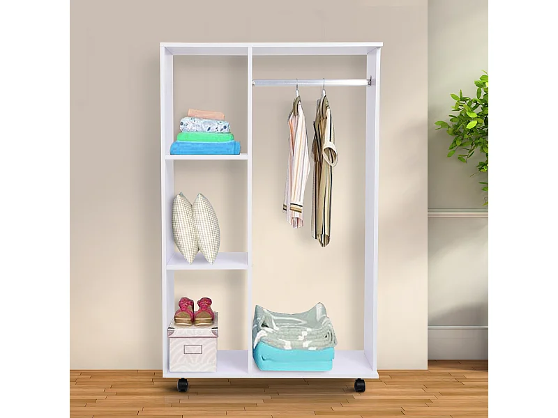 Portant à vêtements penderie mobile avec roulettes 3 étagères latérales + grand espace penderie panneaux particules blanc