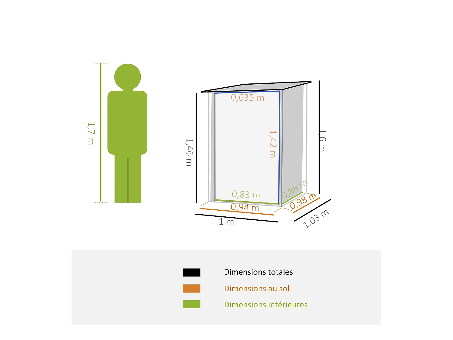 Abri de jardin - remise pour outils - cabanon porte verrouillable - dim. 1L x 1,03l x 1,6H m - tôle d'acier ondulée anthracite