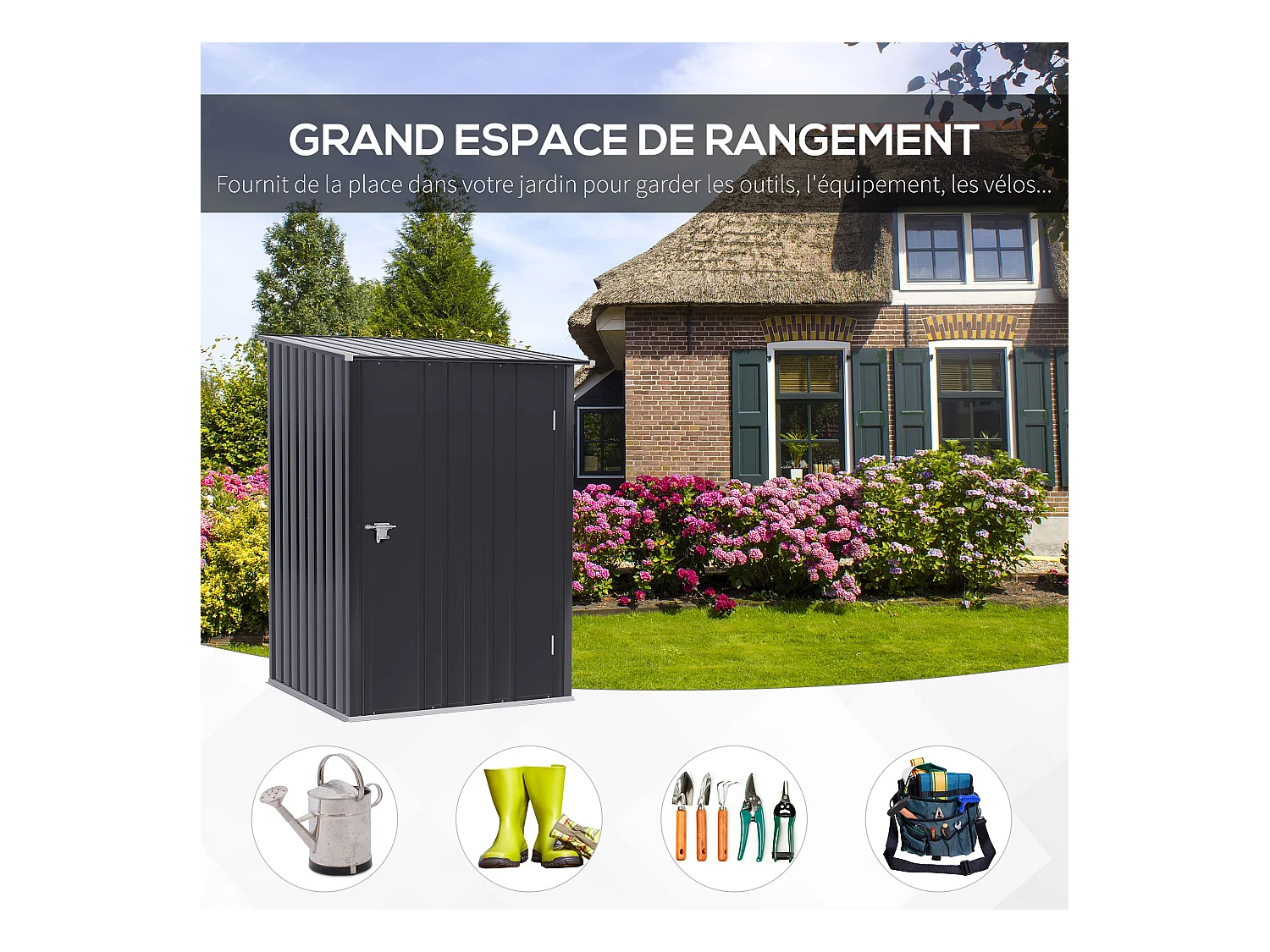 Abri de jardin - remise pour outils - cabanon porte verrouillable - dim. 1L x 1,03l x 1,6H m - tôle d'acier ondulée anthracite
