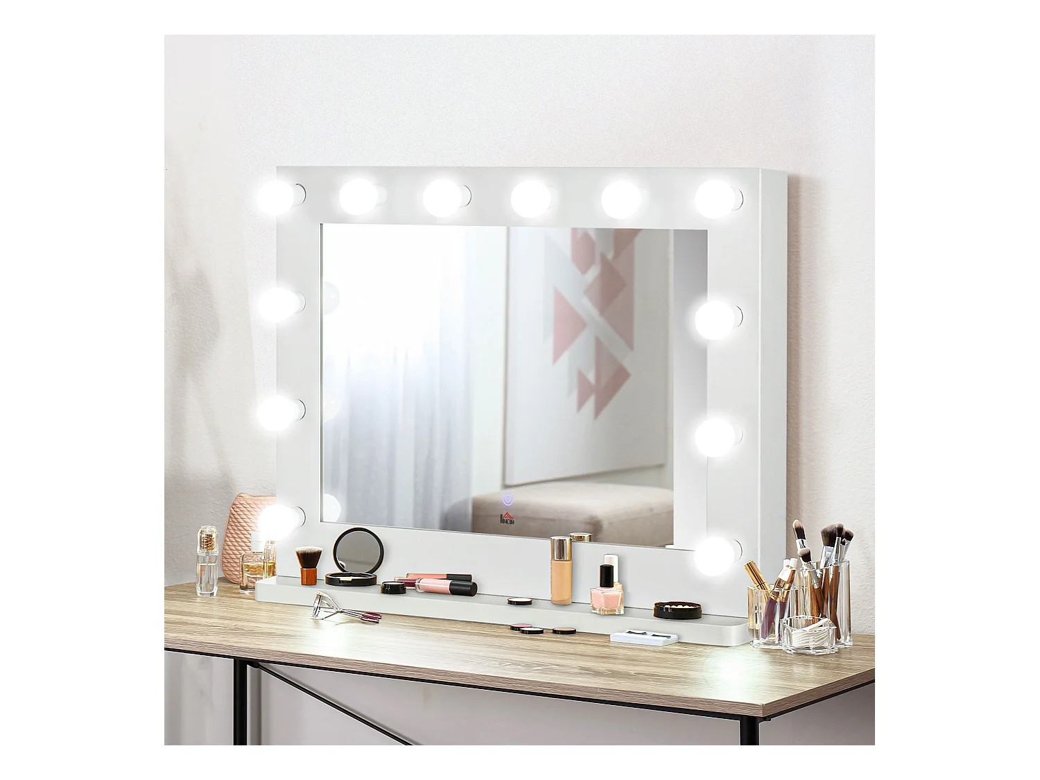 Miroir maquillage Hollywood lumineux LED tactile - 12 LED, luminosité réglable, fonction mémoire - métal MDF blanc verre
