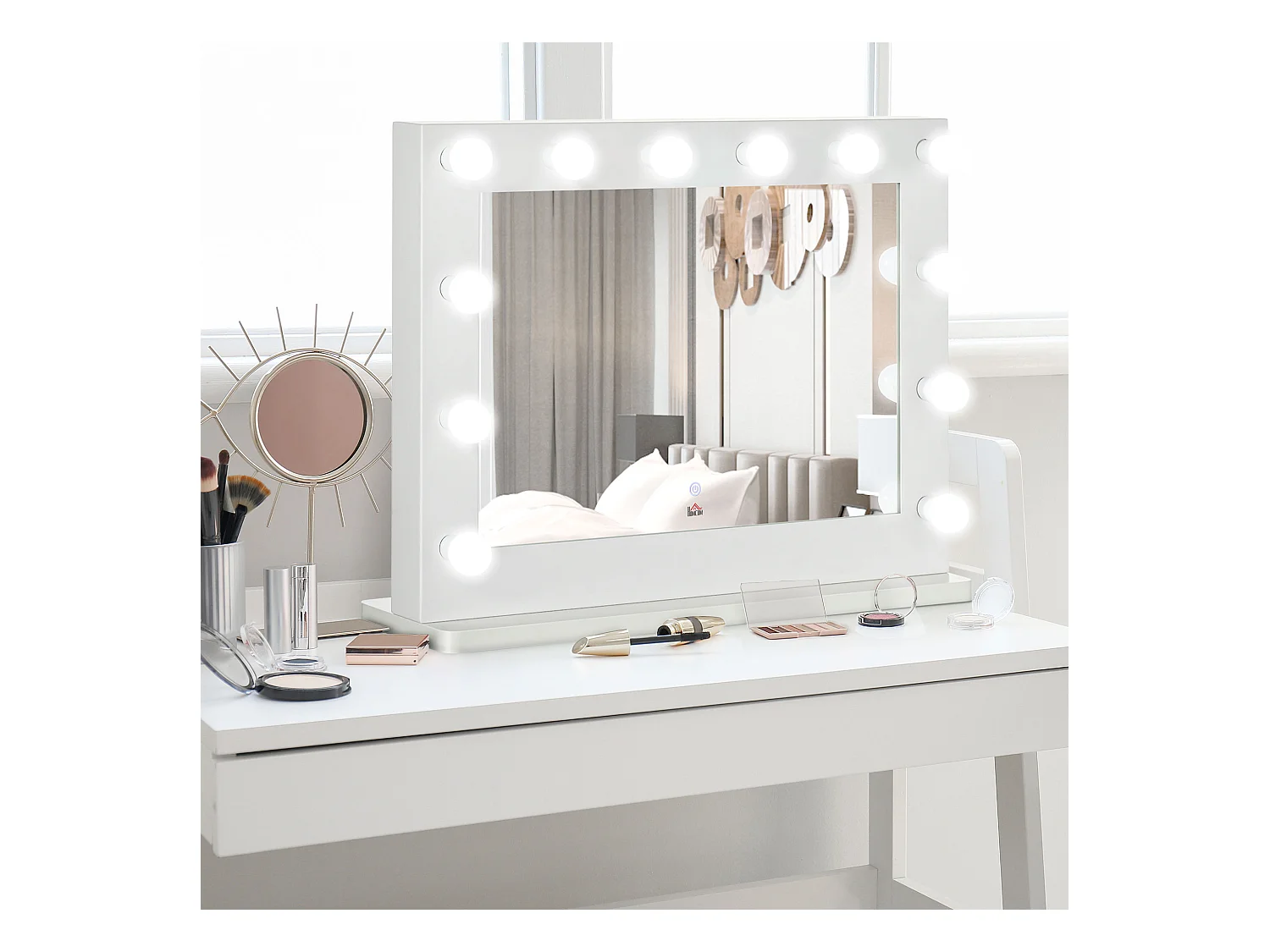 Miroir maquillage Hollywood lumineux LED tactile - 12 LED, luminosité réglable, fonction mémoire - métal MDF blanc verre