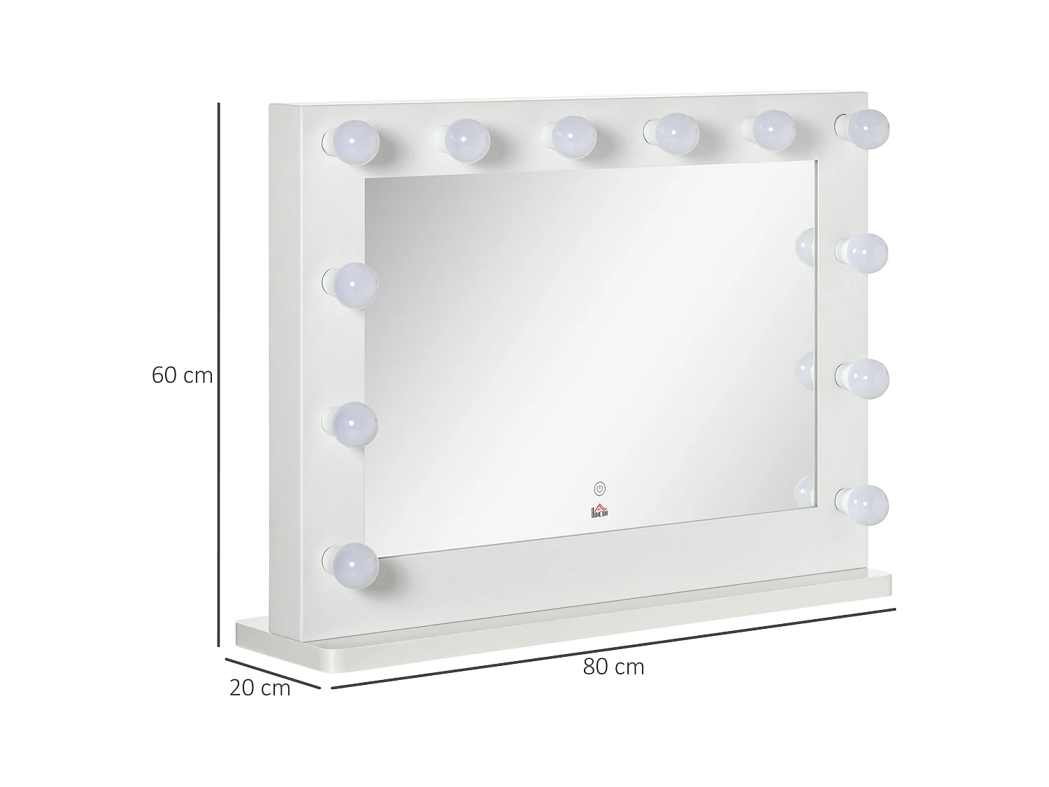 Miroir maquillage Hollywood lumineux LED tactile - 12 LED, luminosité réglable, fonction mémoire - métal MDF blanc verre