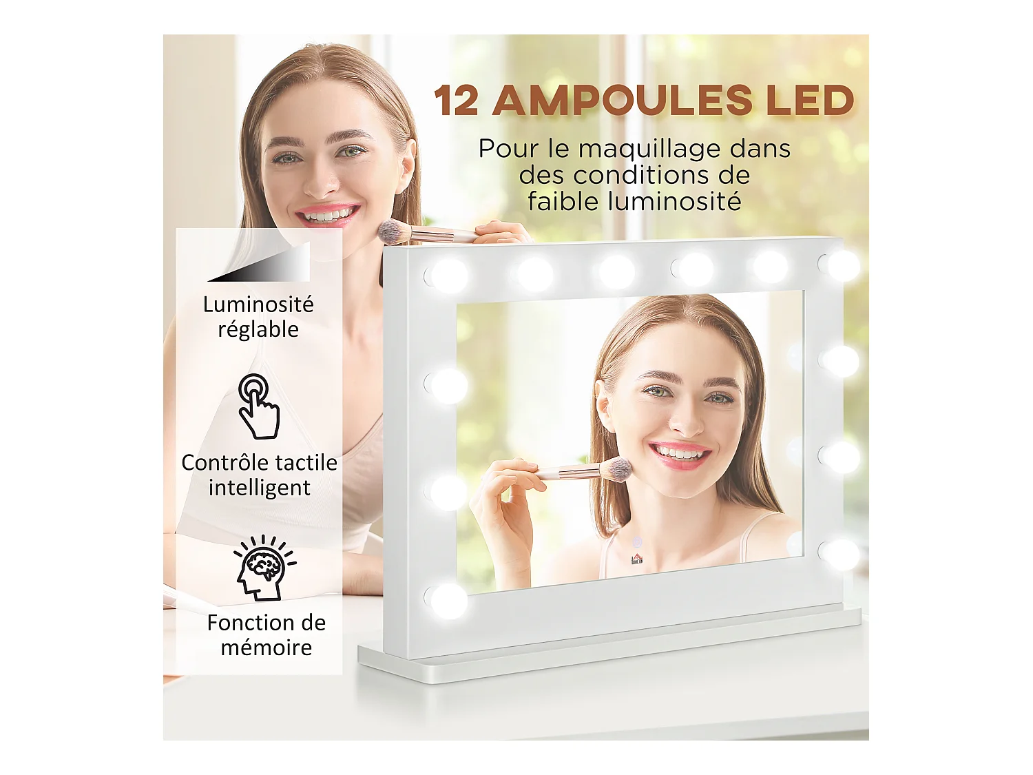 Miroir maquillage Hollywood lumineux LED tactile - 12 LED, luminosité réglable, fonction mémoire - métal MDF blanc verre