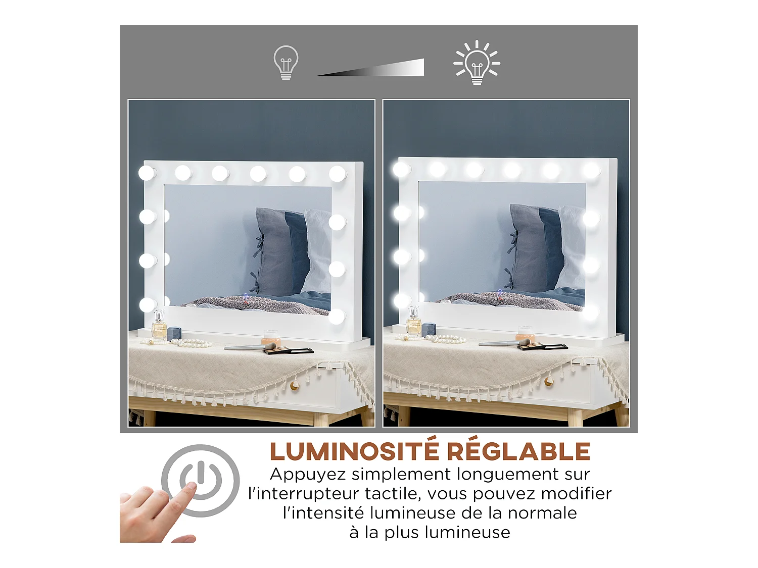 Miroir maquillage Hollywood lumineux LED tactile - 12 LED, luminosité réglable, fonction mémoire - métal MDF blanc verre