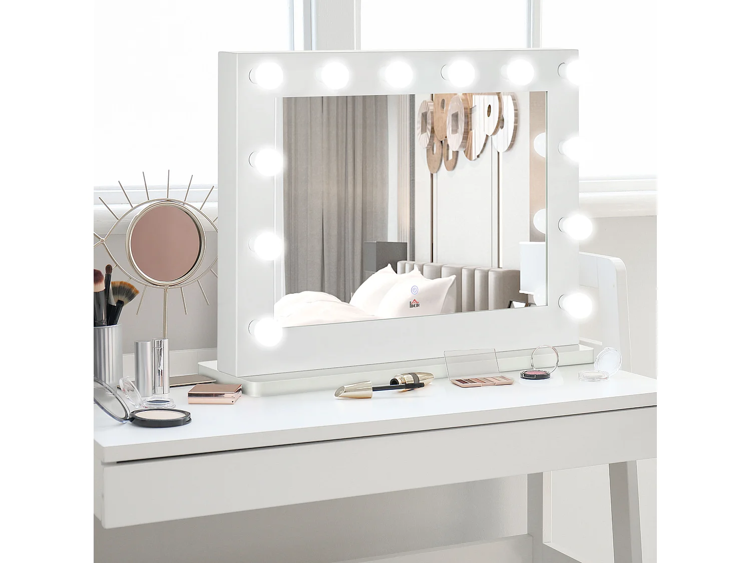 Miroir maquillage Hollywood lumineux LED tactile - 12 LED, luminosité réglable, fonction mémoire - métal MDF blanc verre
