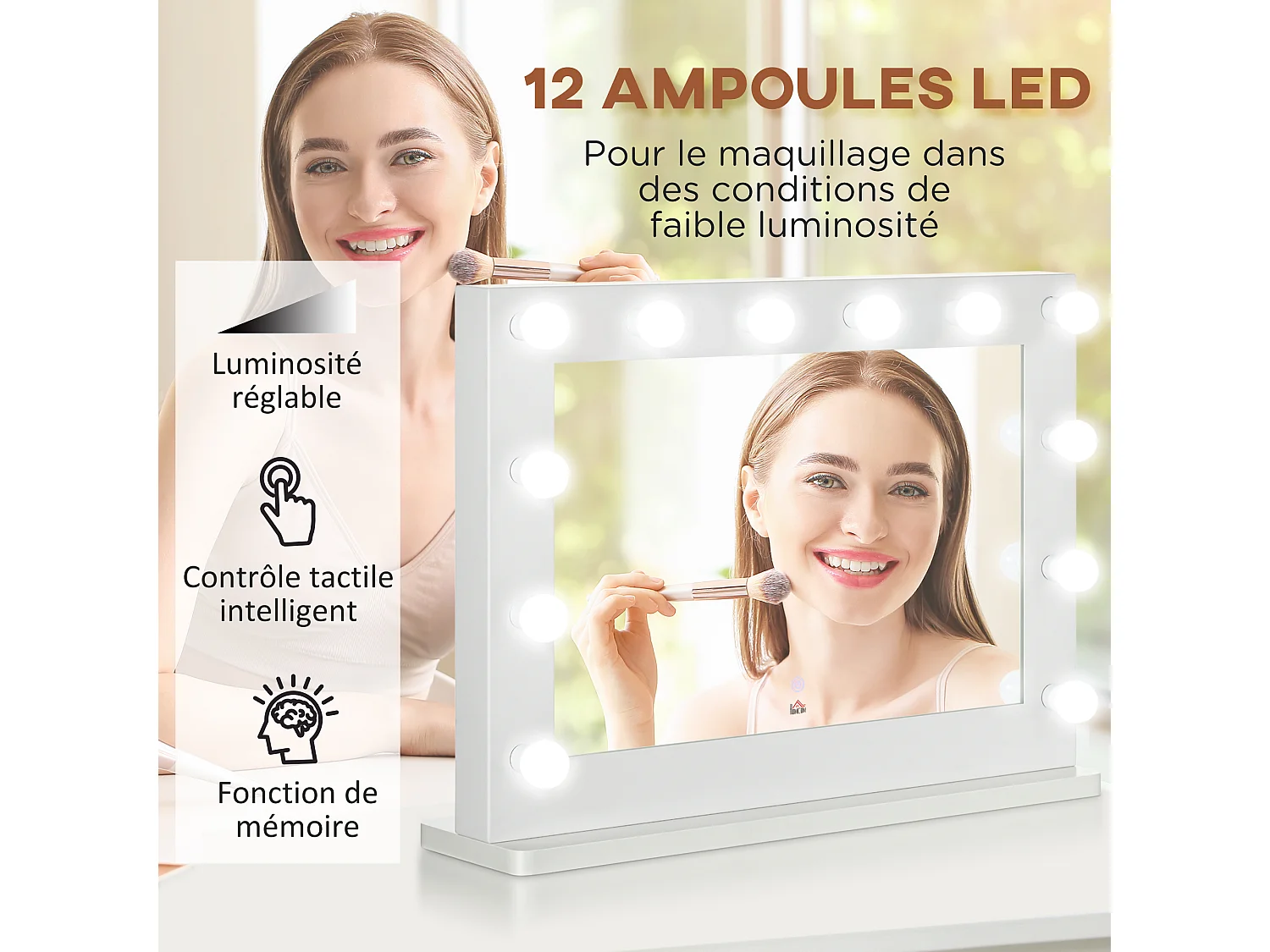 Miroir maquillage Hollywood lumineux LED tactile - 12 LED, luminosité réglable, fonction mémoire - métal MDF blanc verre