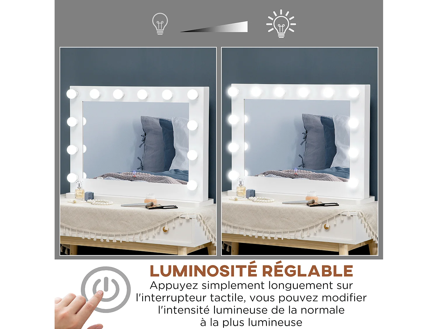 Miroir maquillage Hollywood lumineux LED tactile - 12 LED, luminosité réglable, fonction mémoire - métal MDF blanc verre