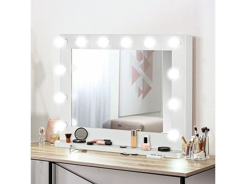Miroir maquillage Hollywood lumineux LED tactile - 12 LED, luminosité réglable, fonction mémoire - métal MDF blanc verre