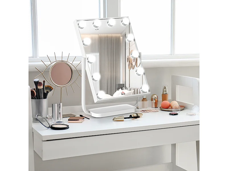 Miroir maquillage Hollywood lumineux LED tactile - 3 modes éclairage, inclinable, adaptateur - métal blanc verre