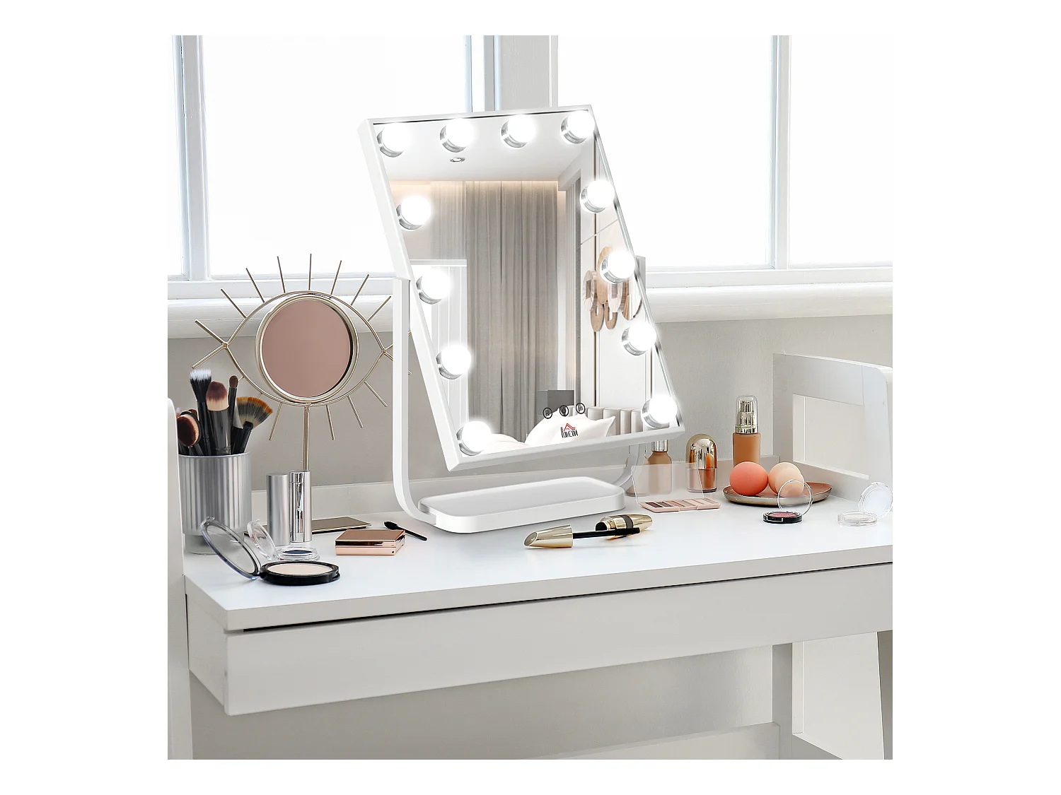 Miroir maquillage Hollywood lumineux LED tactile - 3 modes éclairage, inclinable, adaptateur - métal blanc verre