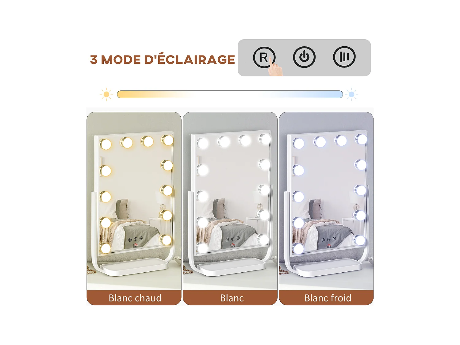 Miroir maquillage Hollywood lumineux LED tactile - 3 modes éclairage, inclinable, adaptateur - métal blanc verre