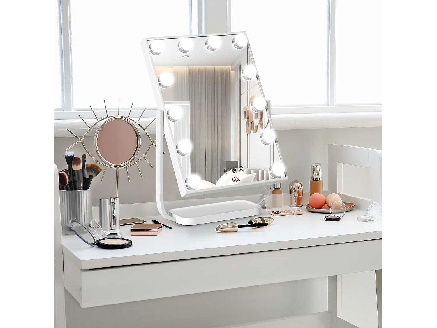 Miroir maquillage Hollywood lumineux LED tactile - 3 modes éclairage, inclinable, adaptateur - métal blanc verre