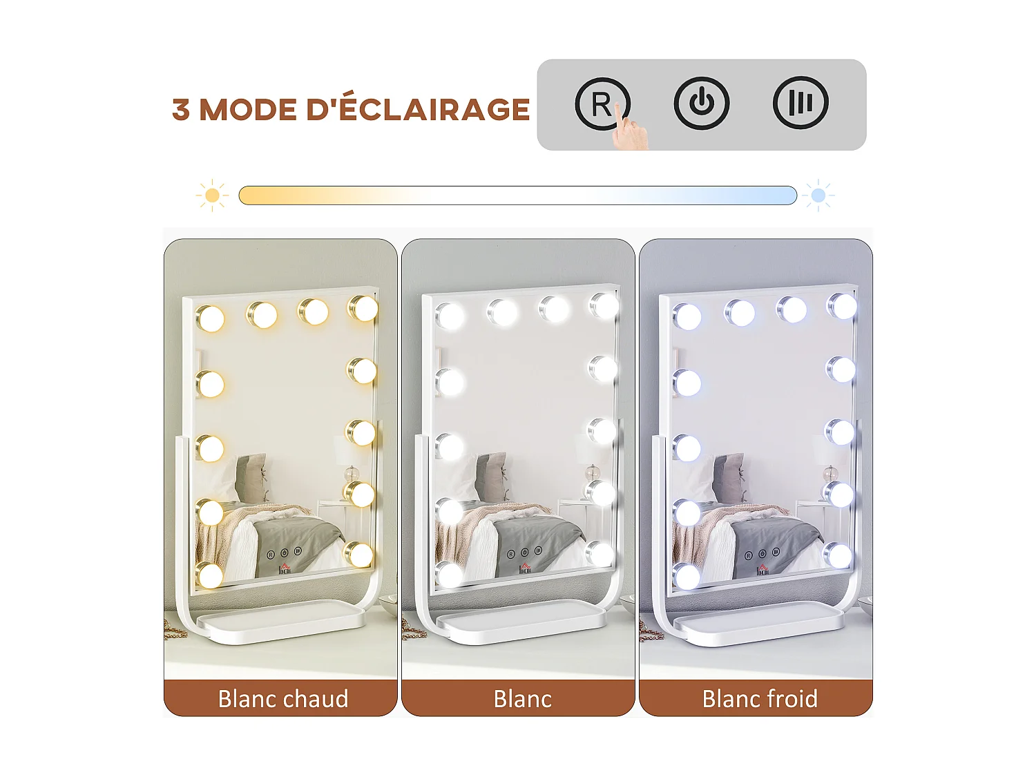 Miroir maquillage Hollywood lumineux LED tactile - 3 modes éclairage, inclinable, adaptateur - métal blanc verre