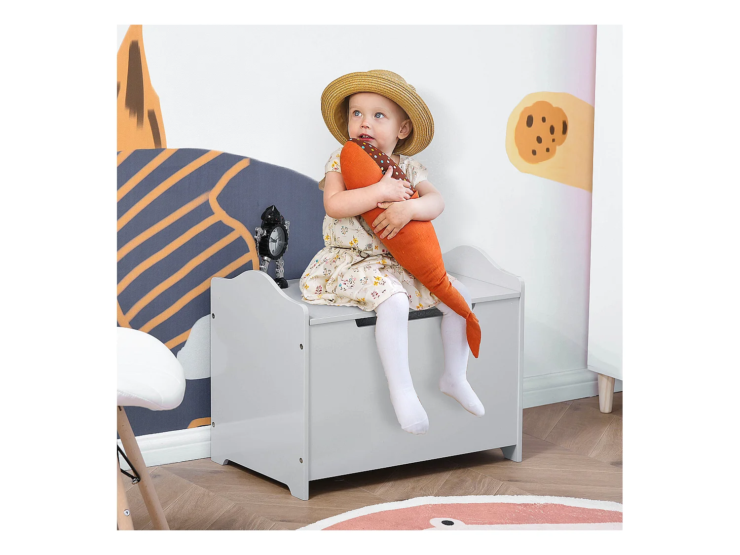 Coffre malle de rangement coffre à jouets dim. 60L x 40l x 48H cm vérin pneumatique MDF gris