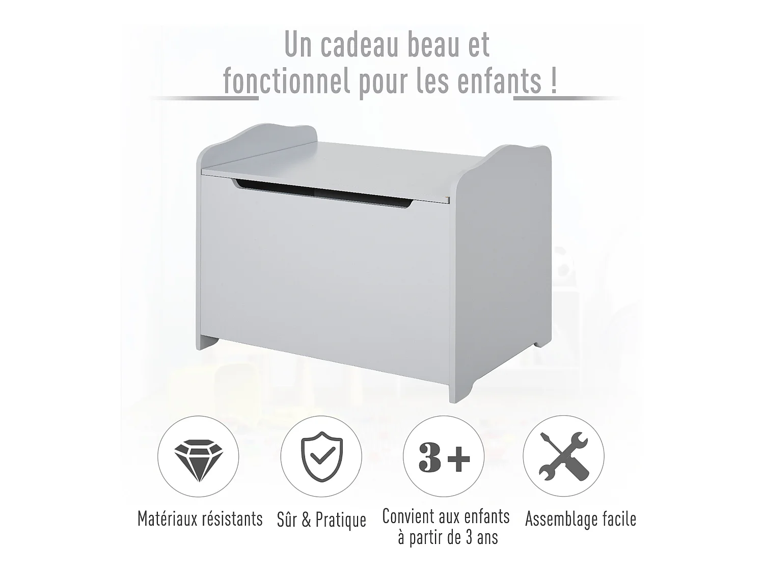 Coffre malle de rangement coffre à jouets dim. 60L x 40l x 48H cm vérin pneumatique MDF gris