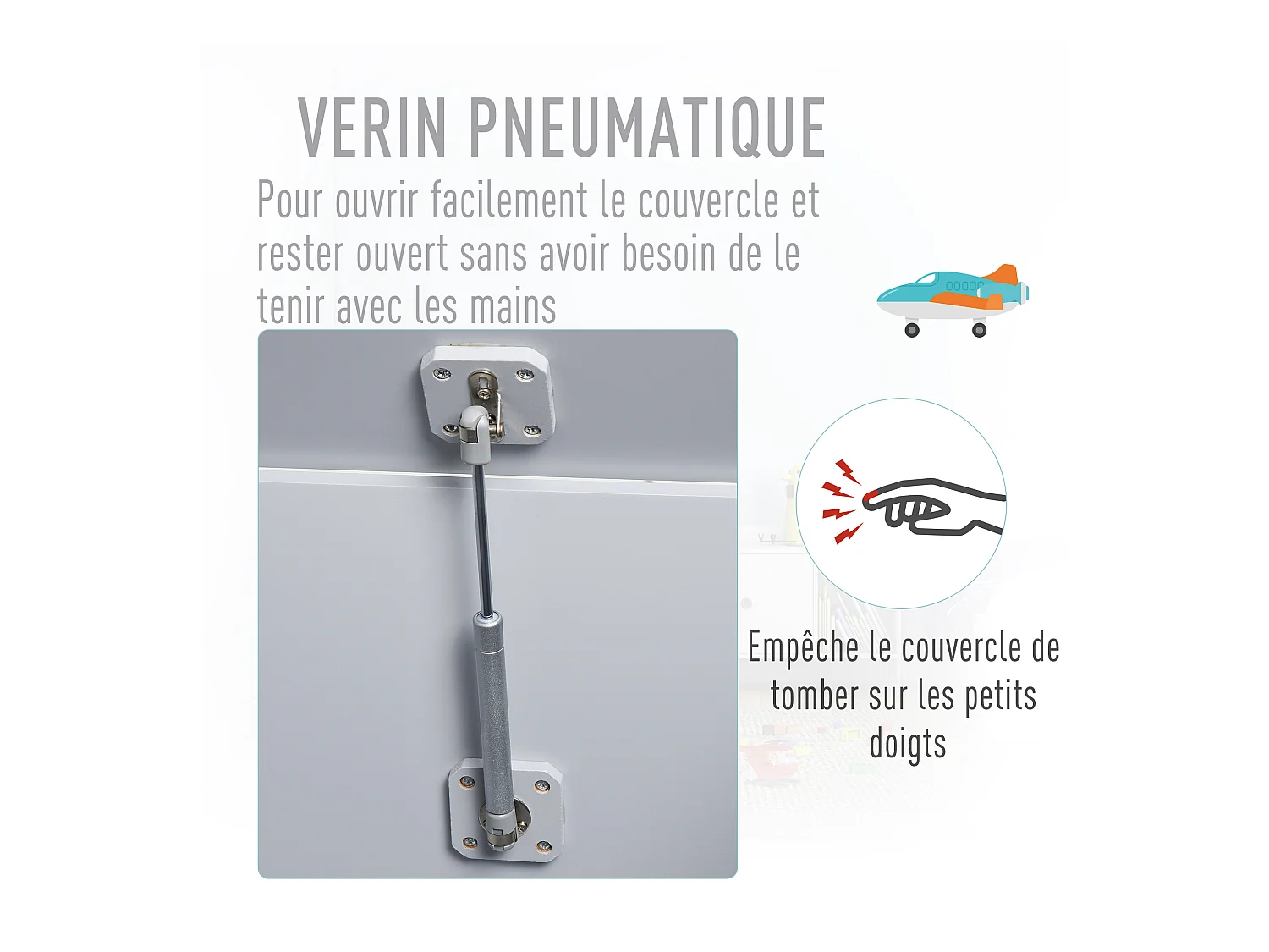 Coffre malle de rangement coffre à jouets dim. 60L x 40l x 48H cm vérin pneumatique MDF gris