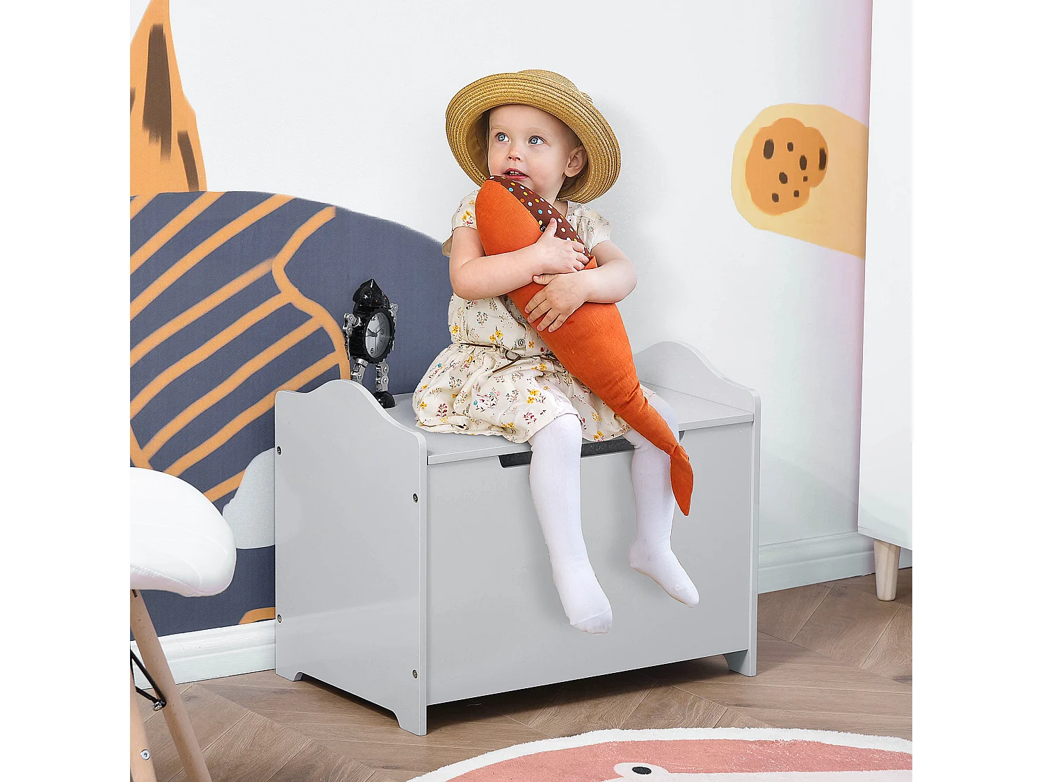 Coffre malle de rangement coffre à jouets dim. 60L x 40l x 48H cm vérin pneumatique MDF gris