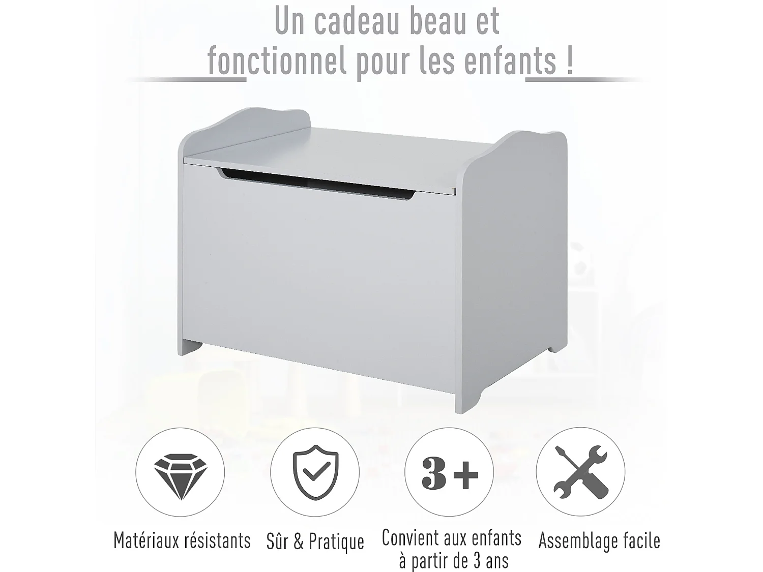 Coffre malle de rangement coffre à jouets dim. 60L x 40l x 48H cm vérin pneumatique MDF gris