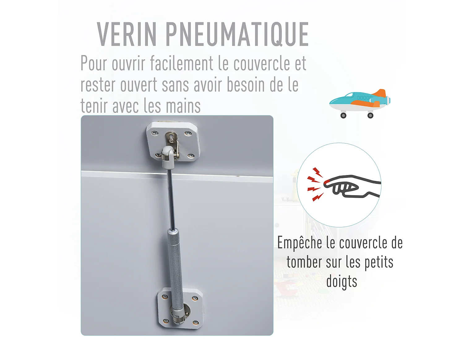 Coffre malle de rangement coffre à jouets dim. 60L x 40l x 48H cm vérin pneumatique MDF gris
