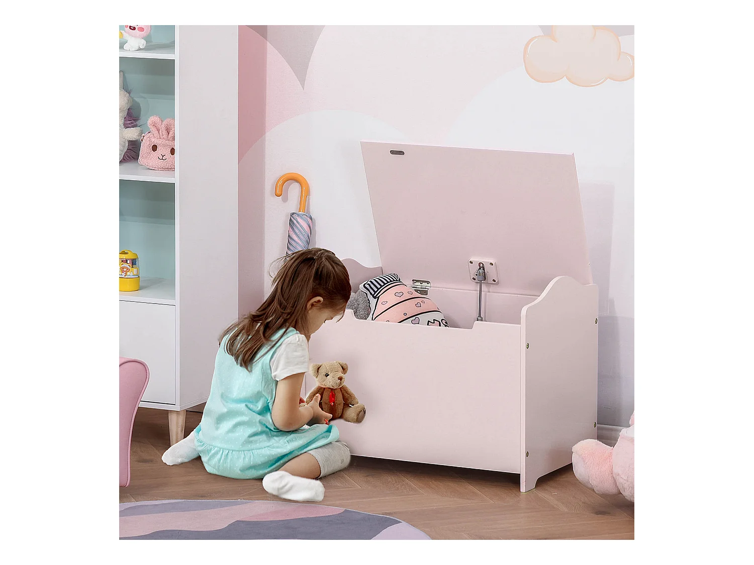 Coffre malle de rangement coffre à jouets dim. 60L x 40l x 48H cm vérin pneumatique MDF rose