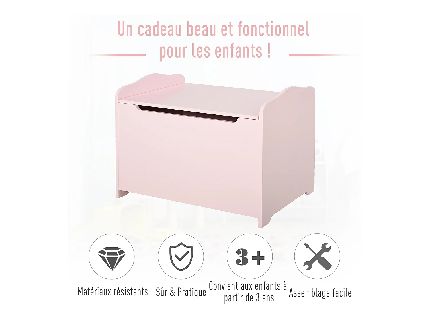 Coffre malle de rangement coffre à jouets dim. 60L x 40l x 48H cm vérin pneumatique MDF rose