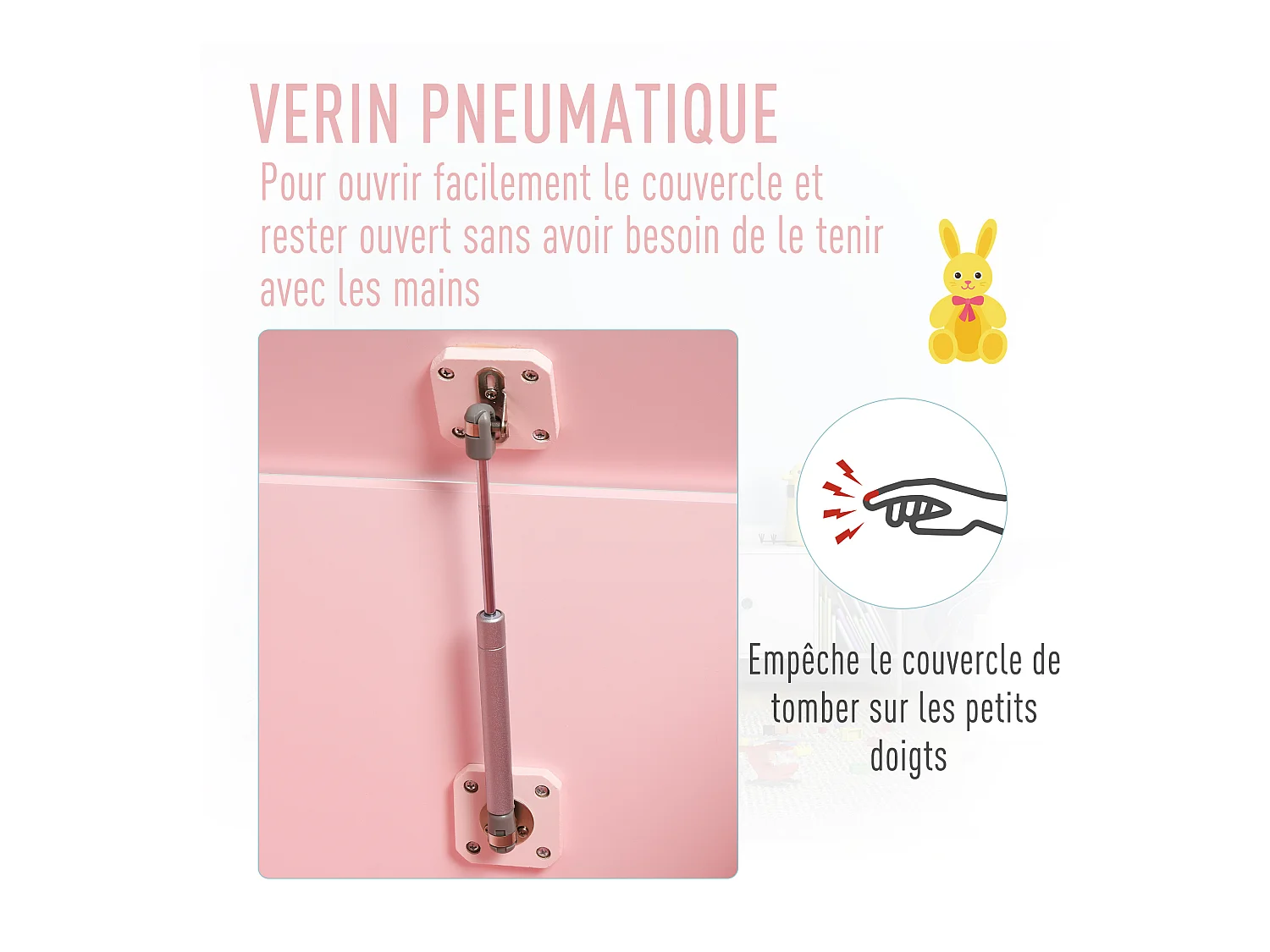 Coffre malle de rangement coffre à jouets dim. 60L x 40l x 48H cm vérin pneumatique MDF rose