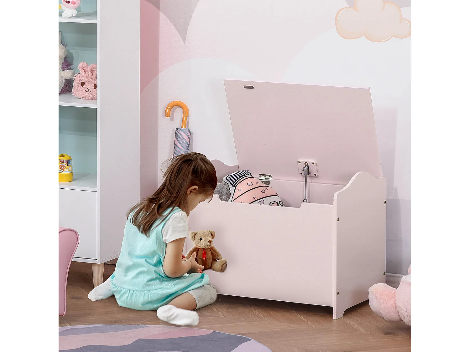 Coffre malle de rangement coffre à jouets dim. 60L x 40l x 48H cm vérin pneumatique MDF rose
