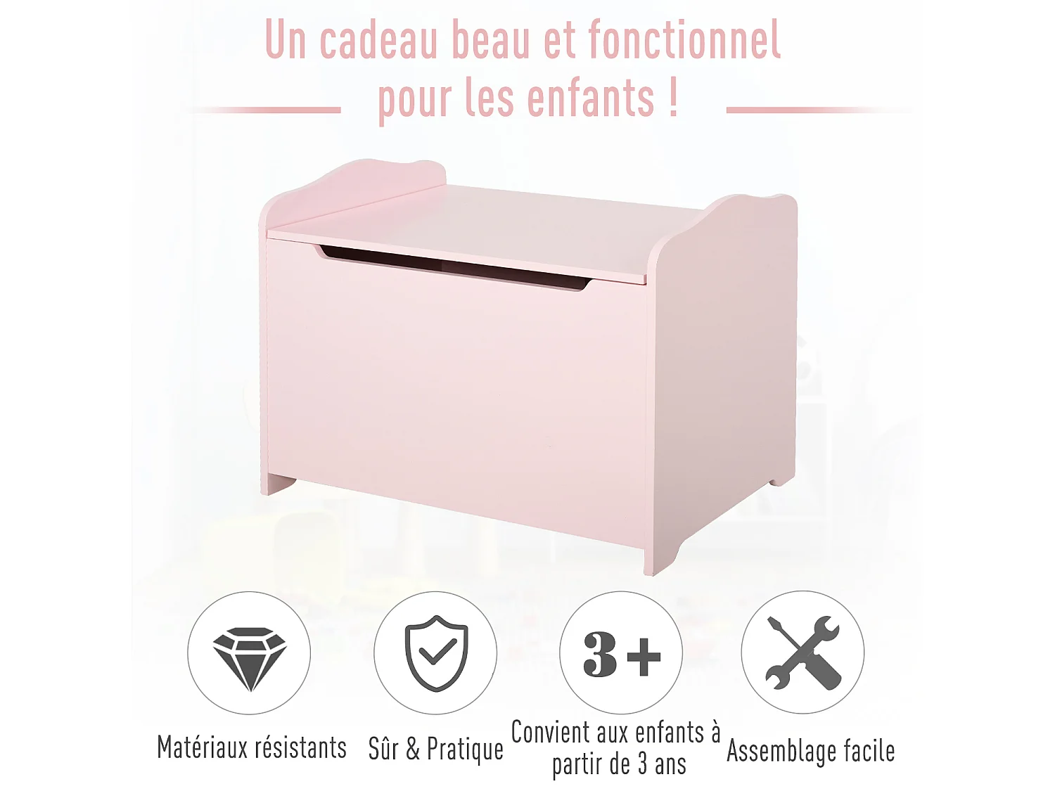 Coffre malle de rangement coffre à jouets dim. 60L x 40l x 48H cm vérin pneumatique MDF rose