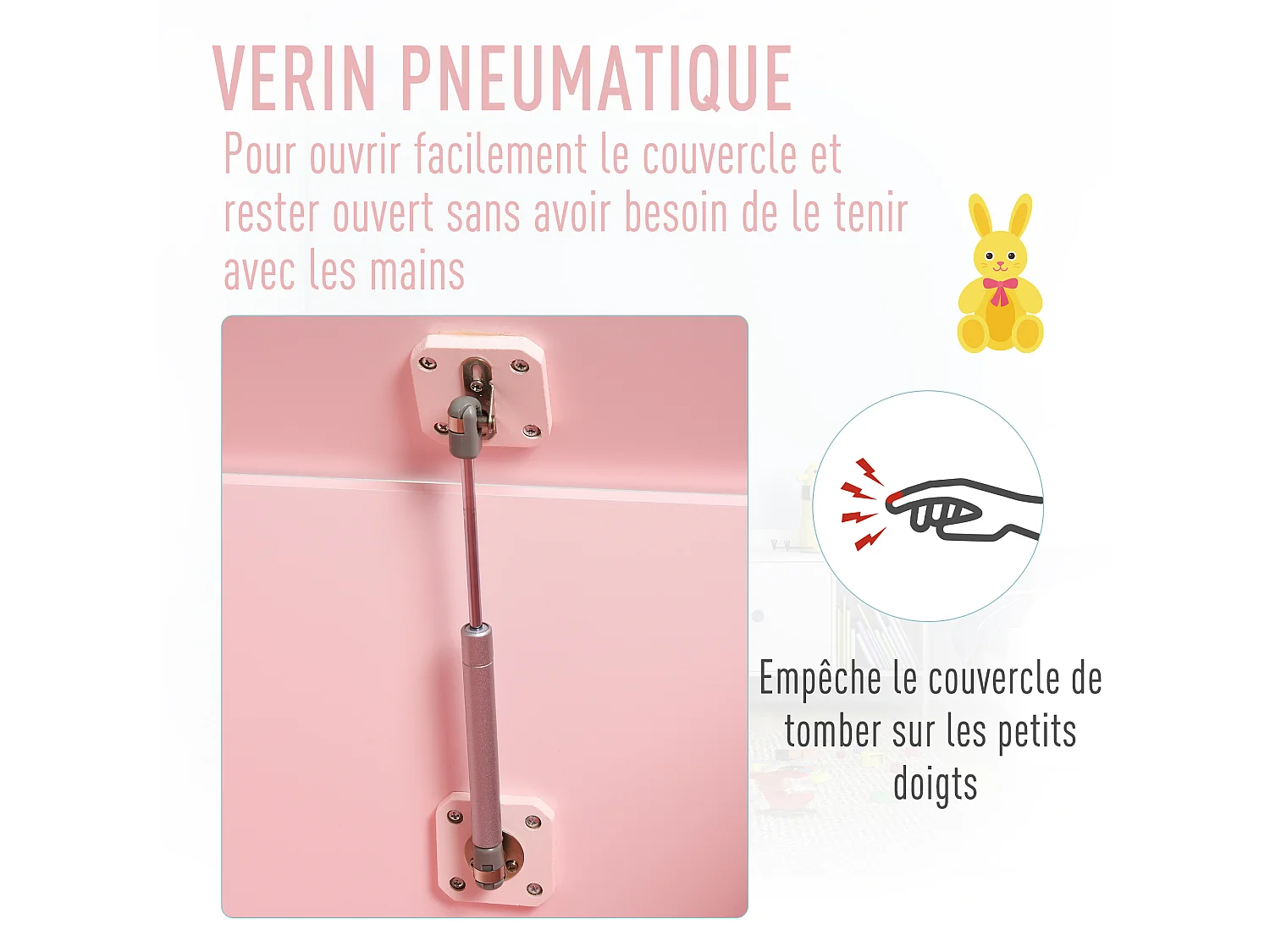 Coffre malle de rangement coffre à jouets dim. 60L x 40l x 48H cm vérin pneumatique MDF rose