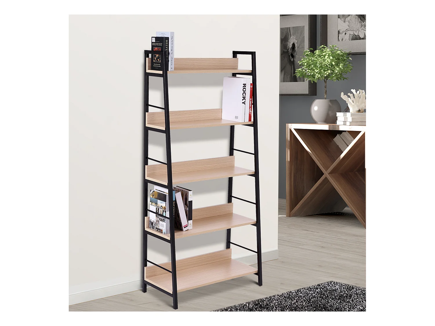 Étagère bibliothèque style industriel incliné 5 niveaux 70L x 35l x 150H cm coloris chêne clair noir