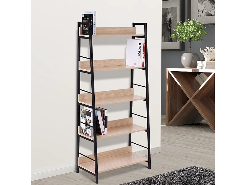 Étagère bibliothèque style industriel incliné 5 niveaux 70L x 35l x 150H cm coloris chêne clair noir