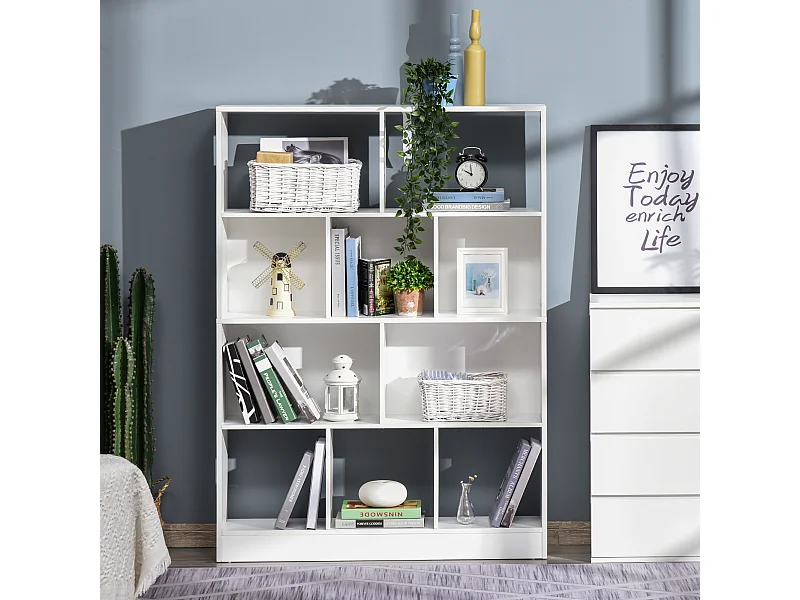 Bibliothèque étagère meuble de rangement 5 niches + 5 étagères panneaux particules blanc