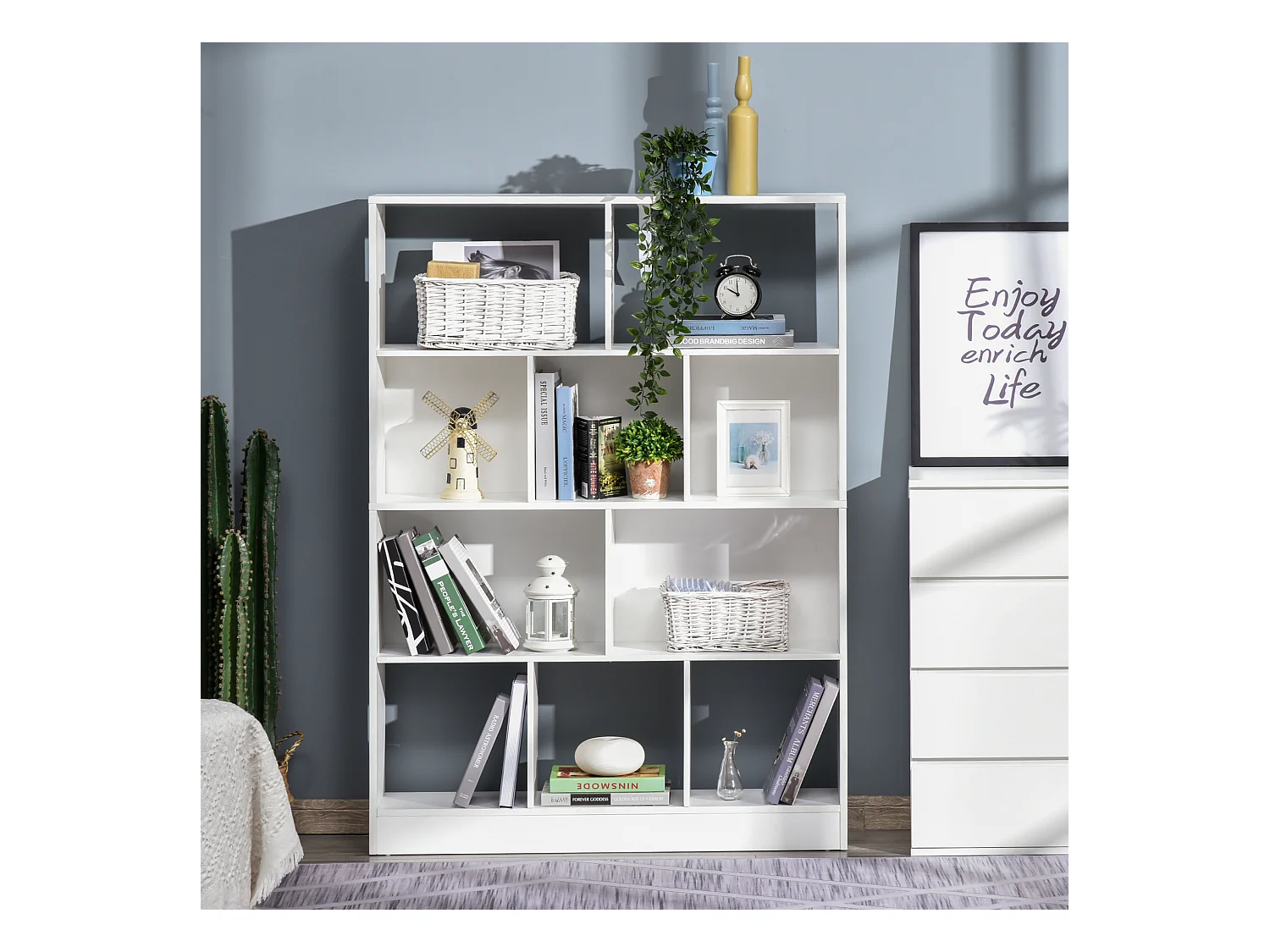 Bibliothèque étagère meuble de rangement 5 niches + 5 étagères panneaux particules blanc