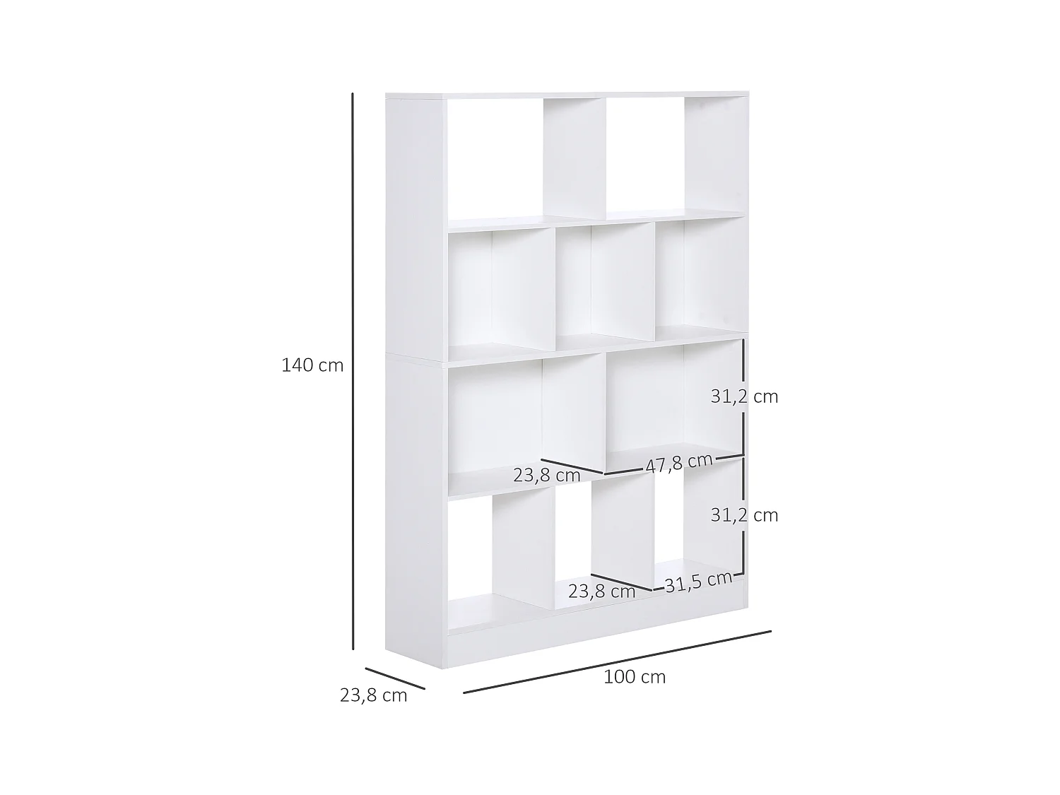 Bibliothèque étagère meuble de rangement 5 niches + 5 étagères panneaux particules blanc