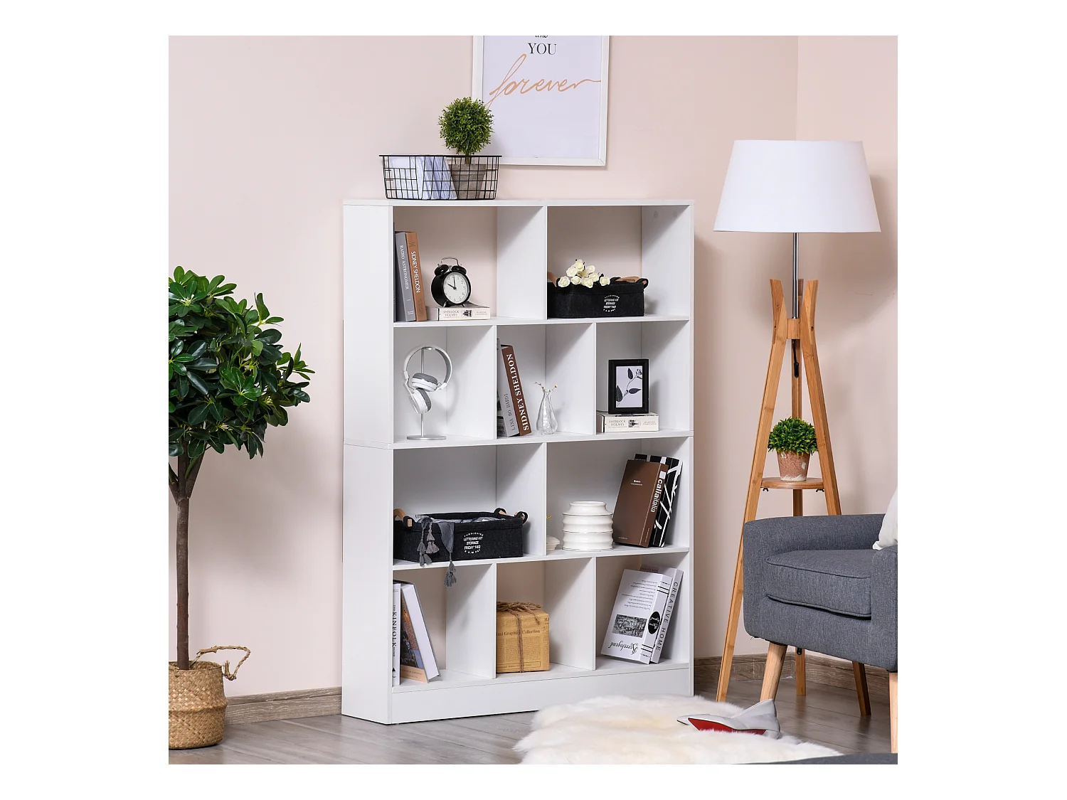 Bibliothèque étagère meuble de rangement 5 niches + 5 étagères panneaux particules blanc