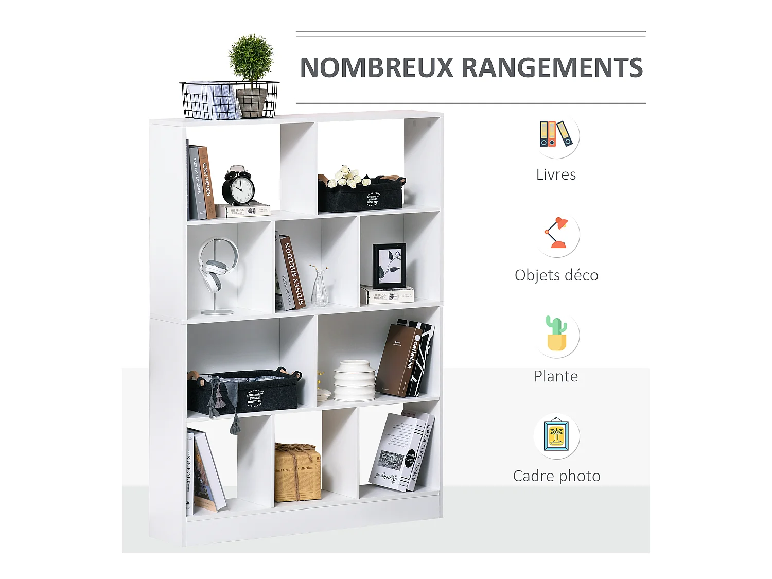 Bibliothèque étagère meuble de rangement 5 niches + 5 étagères panneaux particules blanc