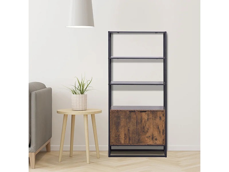 Bibliothèque style industriel 3 étagères + placard 2 portes panneaux particules aspect vieux bois métal noir