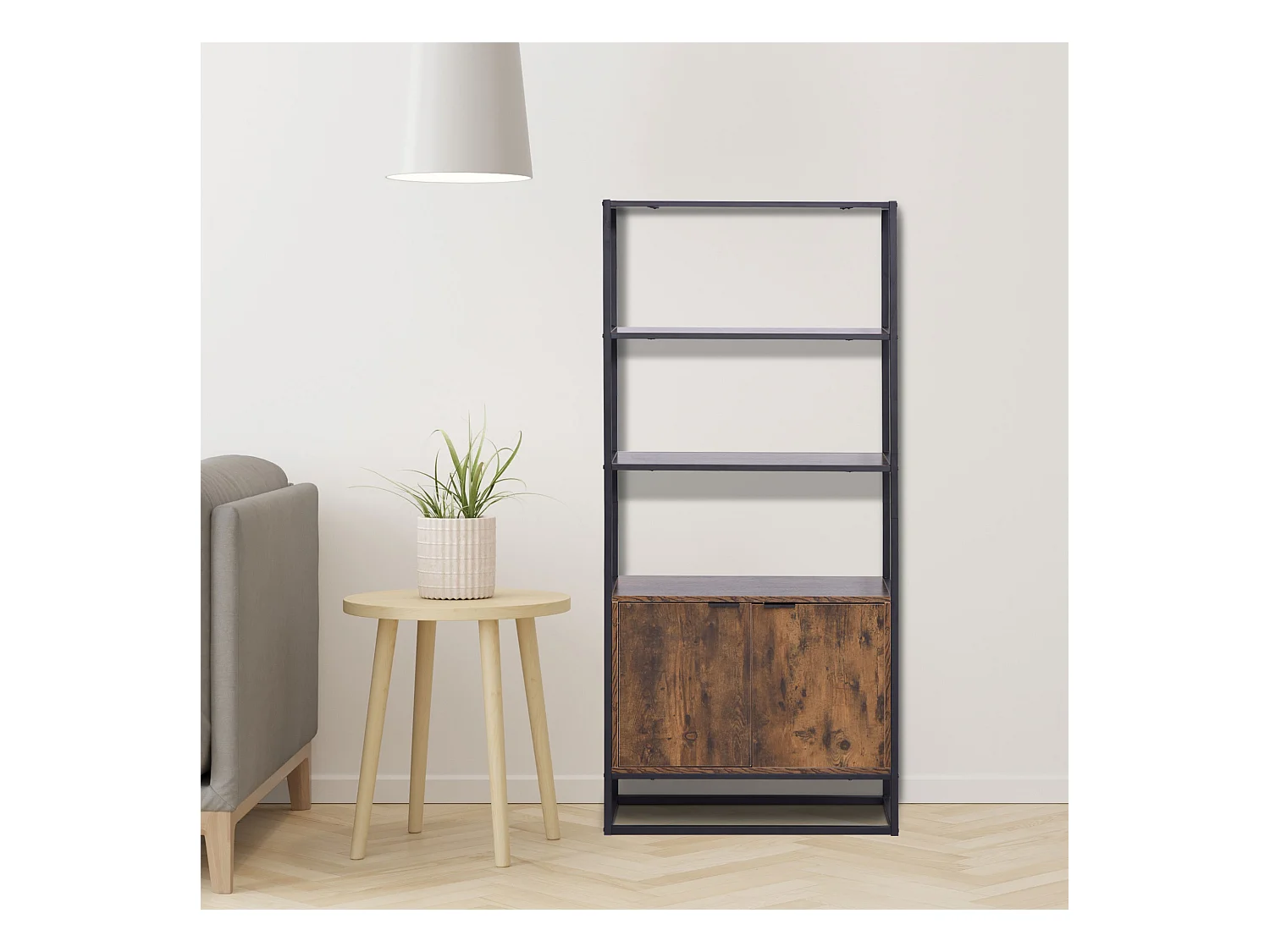 Bibliothèque style industriel 3 étagères + placard 2 portes panneaux particules aspect vieux bois métal noir