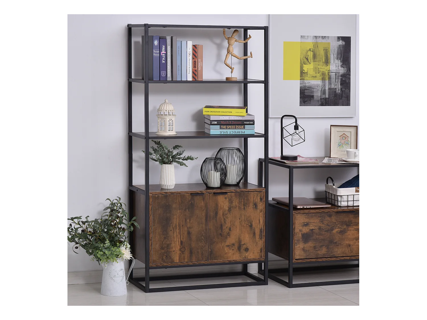 Bibliothèque style industriel 3 étagères + placard 2 portes panneaux particules aspect vieux bois métal noir