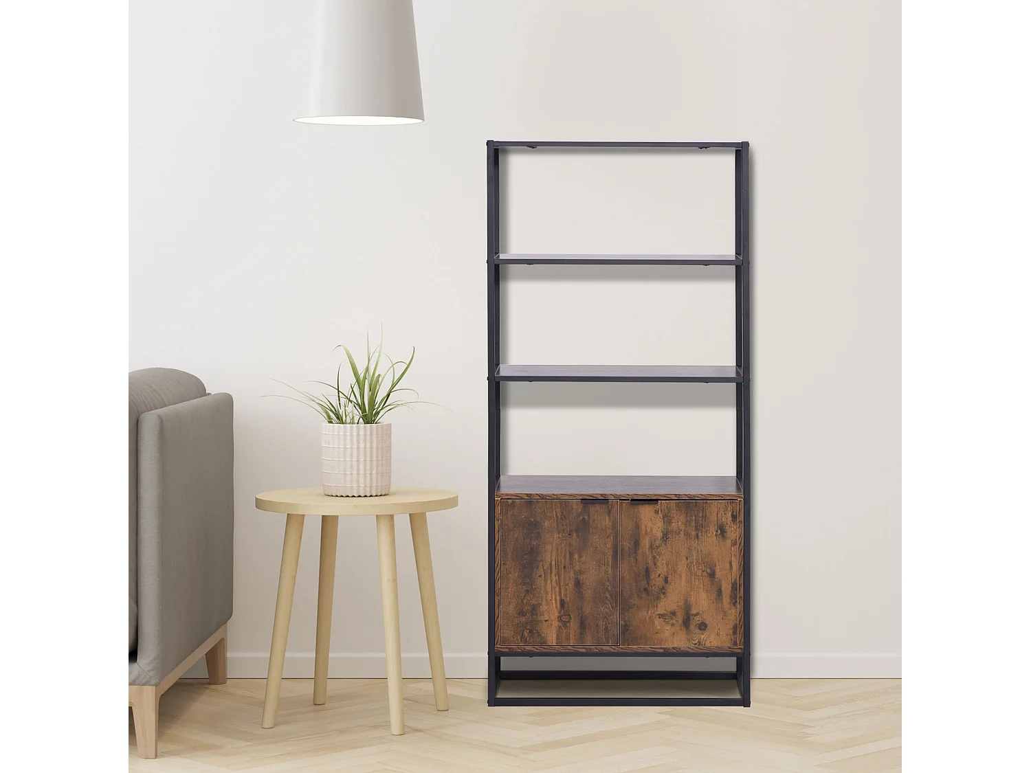 Bibliothèque style industriel 3 étagères + placard 2 portes panneaux particules aspect vieux bois métal noir