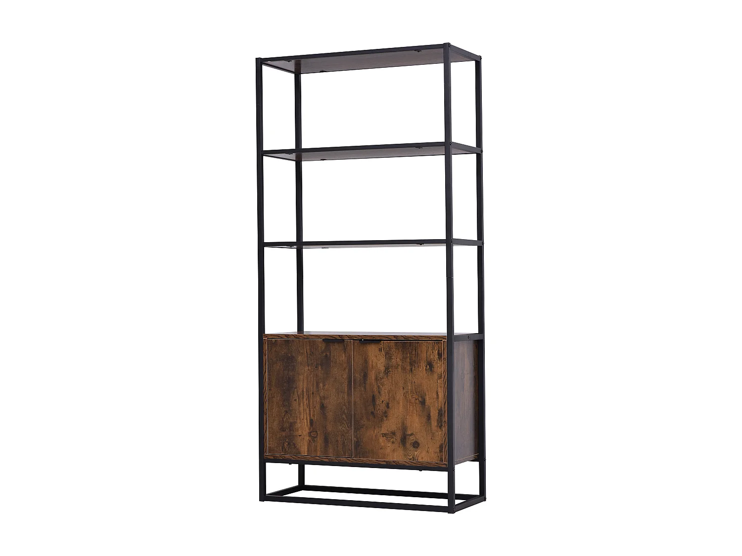 Bibliothèque style industriel 3 étagères + placard 2 portes panneaux particules aspect vieux bois métal noir